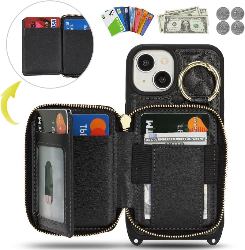 Hamany Crossbody Wallet Case for iPhone 14, PU Leather Zipper Handbag Purse Flip Cover, Kickstand Folio Case with Card Slots Holder Wrist Strap Lanyard 5G 6.1 Inch-Black - Image 2